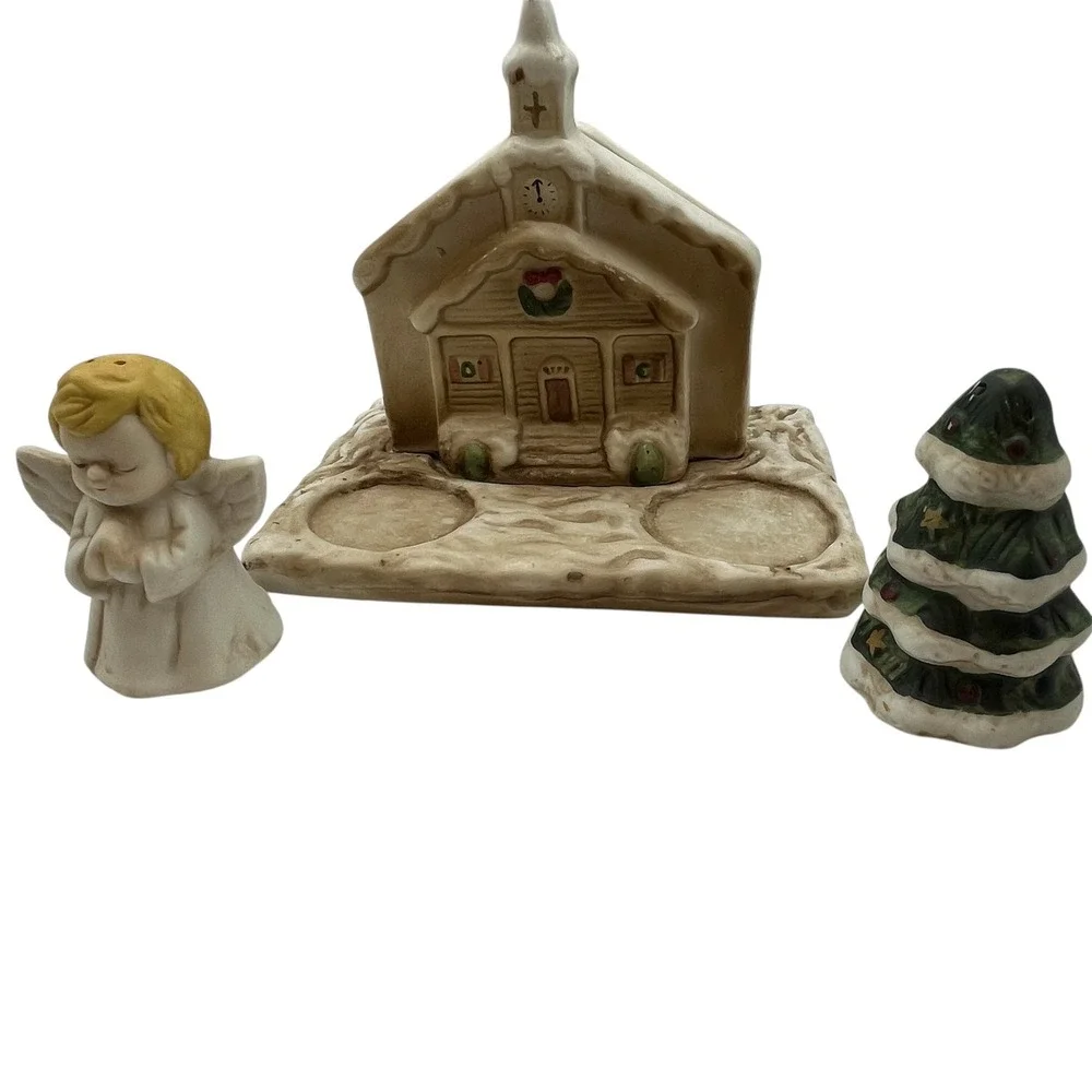 Church Napkin‎ Holder & Praying Angel Christmas Tree Salt Pepper Shaker Set READ